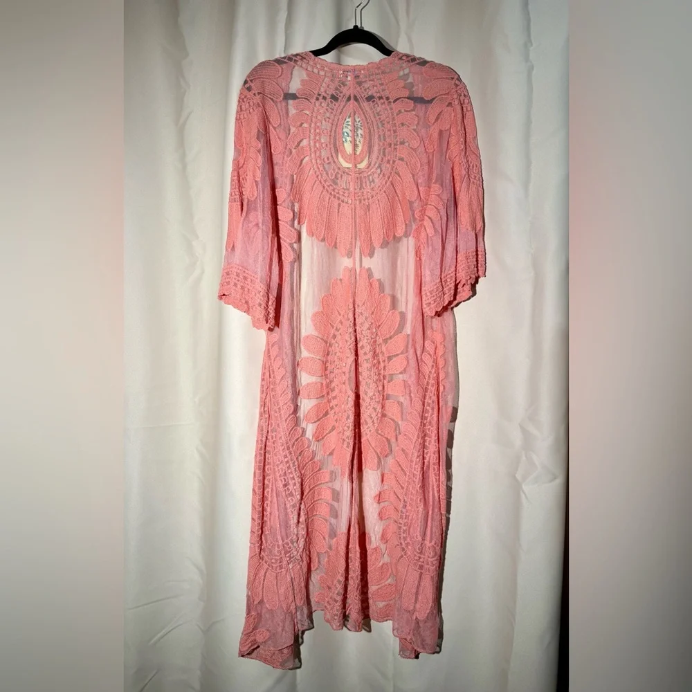 Rebellion Again Coral Pink Sheer Lace Maxi Duster Cardigan - Medium - NWT - Picture 8 of 11